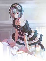Rule 34 | 1girl, alternate costume, ayanami rei, black dress, blue hair, breasts, collarbone, dress, expressionless, frilled thighhighs, frills, gothic lolita, hairband, lolita fashion, lolita hairband, looking at viewer, mc (k0111s), multicolored clothes, multicolored dress, neon genesis evangelion, pale skin, puffy sleeves, rebuild of evangelion, red eyes, ribbon, short sleeves, sitting, small breasts, solo, thighhighs, wariza, white dress, zettai ryouiki