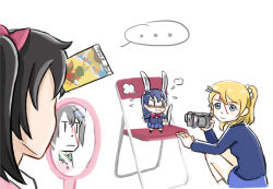 Rule 34 | &gt;:|, ..., 10s, 3girls, :i, :|, animal ears, ayase eli, black hair, blazer, bleeding, blonde hair, blood, blood on face, blue eyes, blue hair, blush, bow, bow (weapon), camcorder, card, chair, chibi, closed mouth, dha315, embarrassed, folding chair, hair bow, holding, injury, jacket, kemonomimi mode, long hair, looking at another, love live!, love live! school idol project, mini person, minigirl, mirror, multiple girls, ponytail, rabbit ears, recording, reflection, school uniform, scrunchie, short hair, simple background, sonoda umi, speech bubble, spoken ellipsis, squatting, tarot, the fool (tarot), twintails, v-shaped eyebrows, video camera, weapon, white background, yazawa nico
