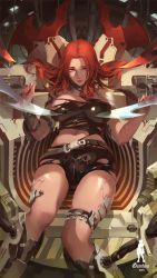 Rule 34 | 1girl, armband, artist name, belt, blade, breasts, character request, choker, cleavage, facial mark, female focus, fingernails, gisuka yan, highres, large breasts, lipstick, long hair, machine, makeup, navel, nipples, red eyes, red hair, restrained, sad, shorts, sitting, skindentation, solo, thigh strap, torn clothes, zipper