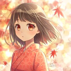 Rule 34 | 1girl, autumn leaves, blurry, blush, bokeh, brown hair, depth of field, ibuki ena, japanese clothes, kimono, leaf, looking at viewer, maple leaf, orange eyes, original, parted lips, short hair, solo, upper body, wind