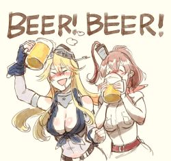 Rule 34 | 10s, 2girls, :d, alcohol, bare shoulders, beer, beer mug, belt, blonde hair, blush, breasts, brown hair, cleavage, closed eyes, commentary request, cup, detached sleeves, dress, drinking, drooling, drunk, english text, eyebrows, front-tie top, gloves, hair between eyes, highres, holding, iowa (kancolle), kantai collection, large breasts, long hair, mug, multiple girls, navel, nose blush, open mouth, pocket, saratoga (kancolle), short sleeves, smile, takatsuki nato, text focus, white dress