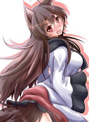 Rule 34 | 1girl, ahoge, animal ears, blush, breasts, brown hair, dress, fang, highres, imaizumi kagerou, large breasts, long hair, long sleeves, looking at viewer, looking to the side, nose blush, open mouth, oshiaki, red eyes, simple background, solo, sweat, tail, touhou, white background, wide sleeves, wolf ears, wolf tail