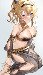 Rule 34 | 1girl, absurdres, barefoot, black hairband, blonde hair, blue eyes, blush, bra, breasts, brown bra, cleavage, closed mouth, dancer, detached sleeves, ears visible through hair, feet out of frame, genshin impact, hair between eyes, hairband, highres, jean (genshin impact), jewelry, large breasts, long hair, looking at viewer, looking away, navel, necklace, pants, see-through, simple background, sitting, solo, stomach, syandega, underwear