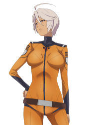 Rule 34 | 10s, 1girl, ahoge, arm at side, belt, belt skirt, bodysuit, breasts, breasts apart, clenched hand, commentary request, cowboy shot, dark-skinned female, dark skin, expressionless, frown, hair between eyes, halterneck, hamushima, hand on own hip, legs apart, looking to the side, medium breasts, military, military uniform, orange bodysuit, red eyes, short hair, silver hair, simple background, skin tight, solo, standing, tan, turtleneck, uchuu senkan yamato, uchuu senkan yamato 2199, uniform, white background, yamamoto akira