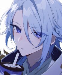Rule 34 | 1boy, black gloves, blue hair, bubble tea, coojisan, cup, disposable cup, genshin impact, gloves, hair between eyes, highres, holding, holding cup, japanese clothes, kamisato ayato, looking at viewer, male focus, mole, mole under mouth, portrait, purple eyes, simple background, solo, white background
