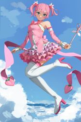 Rule 34 | 1girl, absurdres, alternate costume, alternate hairstyle, blue eyes, blue sky, boots, bow, chiyoda momo, day, detached sleeves, dress, frilled dress, frills, full body, hair ornament, high heel boots, high heels, highres, holding, holding wand, looking at viewer, machikado mazoku, magical girl, nemo ringo, outdoors, pink bow, pink dress, pink hair, sky, solo, thigh boots, twintails, wand