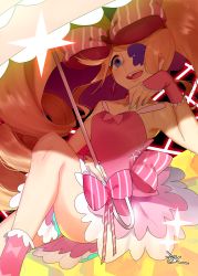 Rule 34 | 10s, 1girl, bad id, bad pixiv id, bare arms, bare legs, bare shoulders, big hair, blonde hair, blue eyes, bow, choker, dress, drill hair, earrings, eyepatch, female focus, hair bow, hakei, harime nui, heart, heart earrings, highres, holding, jewelry, kill la kill, legs, long hair, nail polish, open mouth, parasol, pink dress, ribbon, sitting, smile, solo, strapless, strapless dress, teeth, twintails, umbrella, very long hair