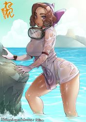 Rule 34 | 1girl, breasts, brown hair, clothes, creatures (company), female focus, game freak, gloves, huge breasts, looking at viewer, neone, nintendo, palina (pokemon), pokemon, pokemon legends: arceus, purple eyes, solo, water, wet, wet clothes