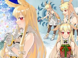 Rule 34 | 1girl, absurdres, bell, blonde hair, blush, boots, box, christmas, christmas tree, commentary request, dress, fate/grand order, fate (series), finger to mouth, fishnet top, fishnets, fur-trimmed boots, fur-trimmed dress, fur trim, gift, gift box, hair ribbon, head wings, highres, holding, holding bell, holding box, holding gift, long hair, looking at viewer, mitsurugi sugar, multiple views, pantyhose, red eyes, ribbon, ring the bell, short dress, sleeveless, sleeveless dress, smile, thrud (fate), thrud (ring the bell) (fate), twitter username, valkyrie (fate), very long hair, white dress, white footwear, white ribbon, wings