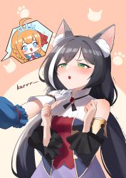 Rule 34 | 2girls, :d, :o, @ @, ahoge, animal ear fluff, animal ears, black hair, blouse, blue eyes, blush, braid, cat ears, cat girl, detached sleeves, dress, fang, frilled sleeves, frills, gloves, gooak, green eyes, half-closed eyes, hand on another&#039;s chin, hands up, highres, inset, karyl (princess connect!), long hair, long sleeves, low twintails, motion lines, multicolored clothes, multicolored dress, multicolored hair, multiple girls, necktie, open mouth, orange hair, princess connect!, red neckwear, shirt, short sleeves, side braid, smile, sparkle, streaked hair, stroking another&#039;s chin, tiara, trembling, twintails, two-tone background, upper body, v-shaped eyebrows, very long hair, white gloves, white shirt, yuri