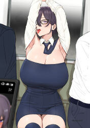 Rule 34 | 1girl, 2boys, absurdres, arm up, armpit lips, armpits, breasts, cellphone, cleavage, detached collar, dress, drooling, female pubic hair, glasses, highres, huge breasts, kirinkirin, looking at viewer, multiple boys, naughty face, necktie, open mouth, original, phone, pubic hair, purple eyes, saliva, saliva trail, smartphone, strapless, strapless dress, sweat, thighhighs, thighs, tongue, tongue out, train interior, tube dress
