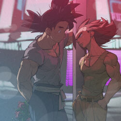 Rule 34 | 2boys, against railing, arm behind back, bara, bare arms, bouquet, couple, dragon ball, dragonball z, eye contact, feet out of frame, flower, green tank top, hands in pockets, head tilt, holding, holding bouquet, large pectorals, leaning to the side, leather belt, looking at another, male focus, multiple boys, muscular, muscular male, pectoral cleavage, pectorals, railing, receding hairline, short hair, sideburns, son goku, spiked hair, standing, supobi, tank top, thick eyebrows, vegeta, yaoi