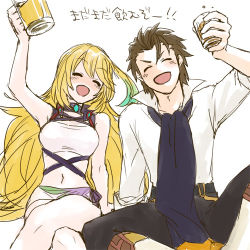 Rule 34 | 1boy, 1girl, ahoge, alcohol, alvin (tales), beer, blonde hair, blush, brown hair, drink, drunk, closed eyes, gloves, lazy rabbit, lowres, milla maxwell, scarf, tales of (series), tales of xillia, thighhighs, translation request, whiskey