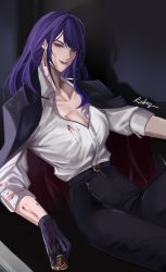 Rule 34 | 1girl, absurdres, black pants, black thighhighs, blood, blood on clothes, blood on face, blood on gloves, braid, breasts, cleavage, coat, coat on shoulders, commentary, cup, earrings, english commentary, genshin impact, highres, holding, holding cup, jewelry, large breasts, long hair, looking at viewer, mole, mole under eye, open mouth, pants, purple eyes, purple hair, raiden shogun, rudang, shirt, signature, sleeves rolled up, solo, thighhighs, two-sided coat, two-sided fabric, white shirt