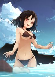 Rule 34 | 1girl, bare arms, bare shoulders, bikini, black bikini, black hair, black wings, blue sky, blurry, blurry foreground, breasts, cleavage, cloud, commentary request, contrapposto, day, depth of field, feathered wings, front-tie bikini top, front-tie top, futatsuki eru, halterneck, halterneck, hat, head tilt, large breasts, looking at viewer, navel, ocean, outdoors, outstretched arms, pointy ears, pom pom (clothes), red eyes, shameimaru aya, sky, smile, solo, standing, stomach, summer, swimsuit, tokin hat, touhou, underboob, wading, wet, wings