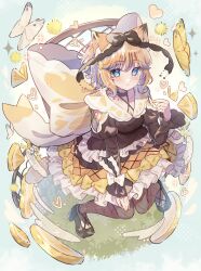 1girl animal_ears black_bow black_shoes blonde_hair blue_eyes bow bug butterfly cat_ears cat_girl dress dress_bow food frilled_dress frills fruit full_body hair_between_eyes hair_bow hair_ornament heart highres insect lemon lemon_slice long_sleeves looking_at_viewer medium_hair original petals ponytail puffy_long_sleeves puffy_sleeves shoes sleeve_bow sleeves_past_wrists solo sparkle tsukumi_bis twitter_username white_bow yellow_bow yellow_butterfly