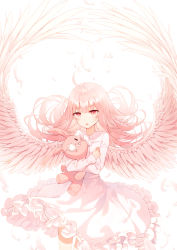 Rule 34 | 1girl, ahoge, angel wings, collared dress, hugging doll, dress, feathered wings, feathers, floating hair, frilled dress, frills, highres, long hair, long sleeves, looking at viewer, momingie, hugging object, original, parted lips, pink eyes, pink hair, simple background, solo, stuffed animal, stuffed rabbit, stuffed toy, white background, white dress, wings