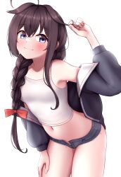 Rule 34 | 1girl, absurdres, adapted costume, ahoge, black hair, black jacket, black shorts, blue eyes, braid, camisole, casual, collarbone, cowboy shot, hair flaps, hair over shoulder, highres, jacket, kantai collection, leaning forward, long hair, navel, shigure (kancolle), shigure kai san (kancolle), short shorts, shorts, simple background, single braid, smile, solo, tiemu (man190), white background, white camisole