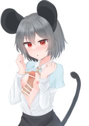 Rule 34 | 1boy, 1girl, :o, animal ears, blue capelet, blush, breasts, breasts out, capelet, commentary request, cowboy shot, dakuazu, grey hair, grey skirt, hetero, highres, long sleeves, mouse ears, mouse girl, mouse tail, naizuri, nazrin, nipples, open clothes, open mouth, open shirt, paizuri, penis, red eyes, shirt, short hair, simple background, skirt, small breasts, solo focus, tail, touhou, white background, white shirt