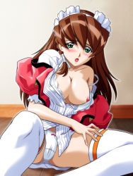 Rule 34 | 00s, 1girl, blush, breasts, brown hair, cyberdoll may, d-ten, green eyes, hand maid may, long hair, maid, nipple slip, nipples, open clothes, open shirt, panties, shirt, solo, spread legs, thighhighs, underwear