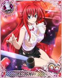 Rule 34 | 10s, 1girl, ahoge, alternate costume, artist request, belt, black skirt, blue eyes, breasts, card (medium), character name, chess piece, covered erect nipples, high school dxd, high school dxd infinity, jewelry, king (chess), large breasts, long hair, official art, red hair, rias gremory, sideboob, skirt, solo, torn clothes, trading card, very long hair