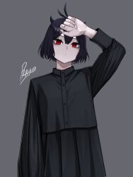 Rule 34 | 1girl, antenna hair, black clover, black hair, black horns, black shirt, blouse, closed mouth, commentary, demon horns, english commentary, grey background, hair between eyes, hand on forehead, highres, horns, long bangs, long sleeves, looking at viewer, prayudi555, red eyes, secre swallowtail, shirt, signature, solo, upper body