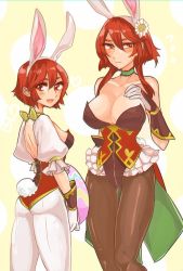Rule 34 | 2girls, animal ears, ass, blush, breasts, detached collar, egg, fake animal ears, fire emblem, fire emblem: mystery of the emblem, fire emblem heroes, gloves, large breasts, leotard, long hair, looking at viewer, maria (fire emblem), minerva (fire emblem), multiple girls, nintendo, open mouth, pantyhose, playboy bunny, rabbit ears, rabbit tail, red eyes, red hair, short hair, siblings, simple background, sisters, smile, tail, tnmrdgr, white background