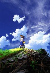 Rule 34 | 1girl, black hair, blue skirt, blush, cloud, day, closed eyes, hat, long hair, looking at viewer, mocha (cotton), open mouth, original, skirt, smile, solo, sun hat, technoheart