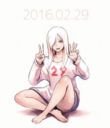 Rule 34 | 1girl, :d, bare legs, barefoot, black eyes, collarbone, dated, full body, hair over one eye, indian style, long hair, looking at viewer, oopartz yang, open mouth, original, short shorts, shorts, sitting, smile, solo, sweater, white hair