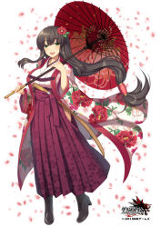 Rule 34 | 1girl, blush, boots, breasts, brown hair, cross-laced footwear, dated, female focus, floral print, flower, grand harem, green eyes, hair flower, hair ornament, hakama, hakama skirt, high heel boots, high heels, hip vent, japanese clothes, katana, lace-up boots, large breasts, long hair, long sleeves, looking at viewer, low-tied long hair, meiji schoolgirl uniform, oil-paper umbrella, open mouth, petals, pokachu, side slit, simple background, skirt, smile, solo, sword, umbrella, very long hair, weapon, wide sleeves