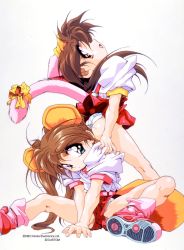 Rule 34 | 1990s (style), 2girls, animal ears, aqua eyes, ass, brown hair, chap (chip-chan kick!), chip-chan kick!, chip (chip-chan kick!), copyright name, copyright notice, fake animal ears, highres, long hair, looking at viewer, miniskirt, multiple girls, non-web source, official art, panties, photoshop (medium), profile, red eyes, retro artstyle, ribbon, shoes, short shorts, short sleeves, shorts, simple background, sitting, sitting on person, skirt, sneakers, tail, tail ornament, tail ribbon, underwear, upshorts, v arms, wedgie, white background, white panties, yanagi hirohiko