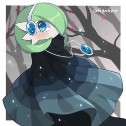 Rule 34 | 1girl, alternate eye color, artist name, bare tree, bellavoirr, blue cloak, blue eyes, blue gemstone, blush, bob cut, border, cloak, closed mouth, clothed pokemon, colored skin, creatures (company), dress, dutch angle, female focus, forest, game freak, gardevoir, gem, gen 3 pokemon, green hair, grey background, hair over one eye, happy, headphones, highres, jewelry, looking at viewer, nature, necklace, nintendo, outdoors, outside border, petals, pokemon, pokemon (creature), short hair, signature, smile, solo, standing, tree, white border, white skin