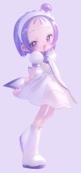Rule 34 | 1girl, absurdres, arms behind back, blush, boots, dress, forehead, grey background, hairband, high side ponytail, highres, holding own wrist, magical girl, musical note, ojamajo doremi, open mouth, puffy short sleeves, puffy sleeves, purple eyes, purple hair, purple ribbon, ribbon, segawa onpu, shiratsuyu mone, short hair, short sleeves, solo, white dress, white footwear, white hairband