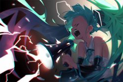 Rule 34 | 1girl, amrkdrw, aqua hair, aqua necktie, bare shoulders, black sleeves, chromatic aberration, closed eyes, detached sleeves, electricity, from side, hair ornament, hatsune miku, highres, holding, holding megaphone, long hair, megaphone, necktie, open mouth, shirt, shouting, sleeveless, sleeveless shirt, solo, teeth, twintails, upper body, very long hair, vocaloid