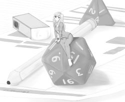 Rule 34 | 1girl, absurdres, barefoot, blonde hair, breasts, character sheet, cleavage, collarbone, dice, eraser, greyscale, highres, krmn-chan, long hair, long sleeves, looking up, messy hair, mini person, minigirl, monochrome, open mouth, pajamas, partially unbuttoned, pencil, sideboob, sitting, toes, unkempt