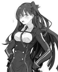 Rule 34 | &gt;:o, 1girl, :o, blush, girls&#039; frontline, greyscale, hands on own hips, long hair, long sleeves, looking at viewer, monochrome, necktie, one eye closed, osu5i, pantyhose, side ponytail, simple background, solo, tsundere, v-shaped eyebrows, wa2000 (girls&#039; frontline), white background