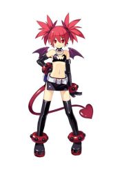 Rule 34 | 1girl, bat wings, bracelet, demon girl, disgaea, earrings, elbow gloves, etna, gloves, jewelry, midriff, miniskirt, nippon ichi, official art, pointy ears, red eyes, red hair, simple background, skirt, solo, studs, tail, trinity universe, tsunako, twintails, white background, wings