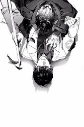Rule 34 | 2boys, collared shirt, feathers, from above, greyscale, hand on another&#039;s chest, hello9158, highres, jacket, kim dokja, long sleeves, looking at another, lying, male focus, monochrome, multiple boys, omniscient reader&#039;s viewpoint, on back, on ground, open clothes, open jacket, shirt, short hair, simple background, smile, sword, weapon, white background, yoo joonghyuk