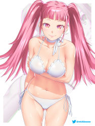 Rule 34 | 1girl, alternate costume, bare arms, bare legs, bare shoulders, bikini, breasts, choker, cleavage, commission, etchimune, fire emblem, fire emblem: three houses, fire emblem heroes, halterneck, hilda valentine goneril, large breasts, looking at viewer, navel, nintendo, pink eyes, pink hair, side-tie bikini bottom, simple background, solo, string bikini, swimsuit, thighs, twintails, twitter username, white bikini
