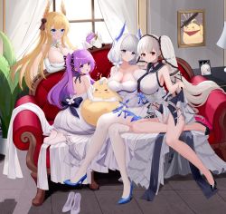 Rule 34 | 4girls, absurdly long hair, absurdres, ahoge, anklet, ass, azur lane, backless dress, backless outfit, bare shoulders, black choker, black neckerchief, black ribbon, black sailor collar, blonde hair, blue eyes, blue footwear, bow, breasts, chinese commentary, choker, cleavage, closed mouth, clothing cutout, cocktail dress, collarbone, commentary request, couch, crossed legs, detached collar, detached sleeves, drawing (object), dress, elbow gloves, evening gown, feather dress, flower, formidable (azur lane), formidable (timeless classics) (azur lane), frilled dress, frills, full body, gloves, grey hair, hair between eyes, hair ornament, hair ribbon, hair wings, high heels, highres, illustrious (azur lane), illustrious (illustrious ball) (azur lane), illustrious (muse) (azur lane), indoors, jewelry, lamp, large breasts, laurel crown, long dress, long hair, looking at viewer, medium breasts, mole, mole under eye, multiple girls, navel, navel cutout, neckerchief, niballl, official alternate costume, open mouth, parted lips, patent heels, pumps, purple eyes, purple hair, red eyes, ribbon, rose, sailor collar, seiza, shadow, shoes, sidelocks, sitting, sleeveless, sleeveless dress, smile, standing, stiletto heels, strapless, strapless dress, stuffed animal, stuffed toy, stuffed unicorn, stuffed winged unicorn, thighhighs, twintails, unicorn (azur lane), unworn shoes, veil, very long hair, victorious (azur lane), wedding dress, white dress, white footwear, white gloves, white hair, white legwear, white sleeves, window