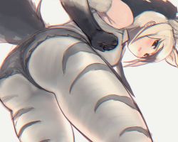 Rule 34 | 1girl, aardwolf (kemono friends), aardwolf print, animal ears, animal print, ass, bare shoulders, black hair, black shorts, cutoffs, elbow gloves, extra ears, from behind, from below, gloves, high ponytail, highres, kemono friends, leaning forward, long hair, looking at viewer, looking back, multicolored hair, necktie, pantyhose, parted lips, print gloves, print pantyhose, shibori kasu, shirt, short shorts, shorts, sidelocks, sleeveless, sleeveless shirt, solo, tail, two-tone hair