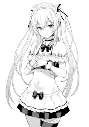 Rule 34 | 1girl, absurdres, bow, bowtie, closed mouth, cowboy shot, frilled cuffs, frilled tube top, frills, greyscale, hair between eyes, hair ribbon, highres, light blush, long hair, looking at viewer, maid headdress, monochrome, off shoulder, original, own hands together, rasahan, ribbon, simple background, skirt, solo, strapless, tube top, twintails