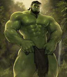 Rule 34 | 1boy, abs, bara, beard, black hair, blush, bulge, colored skin, dopey (dopq), facial hair, fantasy, feet out of frame, forest, green skin, grey hair, highres, large bulge, large pectorals, loincloth, long beard, long hair, looking at viewer, male focus, mature male, monster boy, multicolored hair, muscular, muscular male, nature, navel, nipples, orc, original, pectorals, pointy ears, ponytail, solo, standing, streaked hair, sunlight, thick thighs, thighs, tied beard, tusks, veins, veiny arms