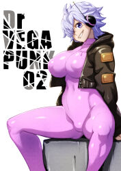 Rule 34 | 1girl, adjusting clothes, antennae, ass, black jacket, bodysuit, breasts, character name, covered navel, curvy, eyelashes, grin, hair over one eye, jacket, konakona, large breasts, looking at viewer, one piece, open clothes, open jacket, pink bodysuit, shiny clothes, short hair, simple background, sitting, skin tight, smile, solo, thick thighs, thighs, vegapunk lilith, white background, wide hips