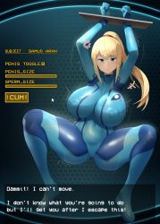 Rule 34 | 1girl, blonde hair, blue bodysuit, blue eyes, blush, bodysuit, breasts, cameltoe, cleft of venus, covered collarbone, covered erect nipples, covered navel, english text, highres, huge breasts, long hair, metroid, motion lines, nintendo, ponytail, restrained, samus aran, sinensian, skindentation, solo, spread legs, thighs, zero suit