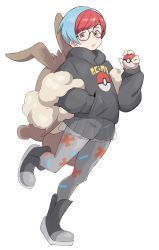 Rule 34 | 1girl, absurdres, backpack, bag, blue hair, blush, boots, brown bag, commentary request, creatures (company), eitopondo, full body, game freak, glasses, grey eyes, grey pantyhose, hand in pocket, hand up, highres, holding, holding poke ball, hood, hoodie, leg up, multicolored hair, nintendo, pantyhose, penny (pokemon), poke ball, poke ball (basic), pokemon, pokemon sv, print pantyhose, red hair, round eyewear, see-through, see-through skirt, shorts, shorts under skirt, simple background, skirt, solo, two-tone hair, white background