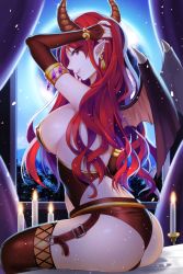 Rule 34 | 1girl, aile (crossroads), arm up, ass, breasts, bridal gauntlets, candle, demon girl, demon horns, demon wings, earrings, covered erect nipples, horns, jewelry, large breasts, lips, long hair, looking at viewer, lots of jewelry, official art, pointy ears, red eyes, red hair, sideboob, sitting, smile, solo, sword girls, thighhighs, wings