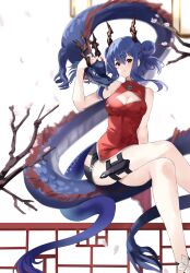 Rule 34 | 1girl, arknights, arm behind back, bare legs, black shorts, blue hair, blush, breasts, ch&#039;en (ageless afterglow) (arknights), ch&#039;en (arknights), cleavage, cleavage cutout, clothing cutout, commentary request, crossed legs, double bun, dragon, dragon girl, dragon horns, dragon tail, dress, floral print, frown, hair between eyes, hair bun, hand up, highres, holster, horns, lily0428, long hair, looking at viewer, medium breasts, necktie, red dress, red eyes, red necktie, short shorts, shorts, sitting, sleeveless, sleeveless dress, solo, tail, thigh holster, thighs