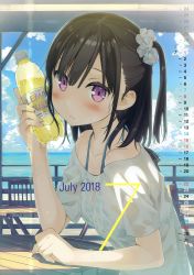 Rule 34 | 1girl, absurdres, bikini, bikini under clothes, black hair, blush, bottle, bottle to cheek, breasts, cloud, cloudy sky, day, from side, hair ornament, hair scrunchie, hand up, highres, holding, holding bottle, huge filesize, kantoku, looking at viewer, non-web source, ocean, off-shoulder shirt, off shoulder, one side up, original, outdoors, parted lips, scan, scrunchie, see-through, shirt, shizuku (kantoku), sitting, sky, small breasts, solo, striped bikini, striped clothes, sweat, swimsuit, teeth, water, water bottle, wet, wet clothes, wet shirt