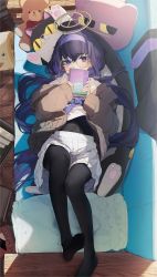 Rule 34 | absurdres, bags under eyes, black hair, black undershirt, blue archive, blue eyes, blue hairband, blue neckerchief, blush, book, cardigan, couch, covered mouth, eyewear strap, glasses, grey cardigan, hairband, halo, highres, hiiragi mikoto, holding, holding book, long hair, long skirt, looking at viewer, low twintails, neckerchief, on couch, pantyhose, pleated skirt, sailor collar, school uniform, serafuku, skirt, slippers, solo, striped clothes, striped hairband, stuffed toy, twintails, ui (blue archive), white sailor collar, white serafuku, white skirt